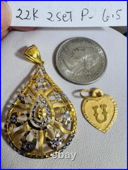 Solid 22K 916 Fine Real Gold Two (2) Set of Pendant Teardrop & Heart U, 6.5g