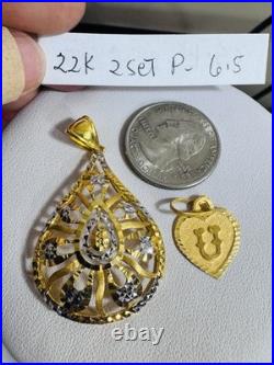 Solid 22K 916 Fine Real Gold Two (2) Set of Pendant Teardrop & Heart U, 6.5g