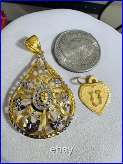 Solid 22K 916 Fine Real Gold Two (2) Set of Pendant Teardrop & Heart U, 6.5g