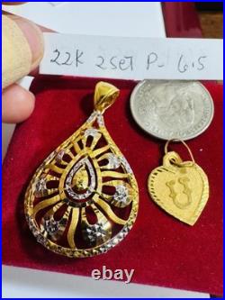 Solid 22K 916 Fine Real Gold Two (2) Set of Pendant Teardrop & Heart U, 6.5g