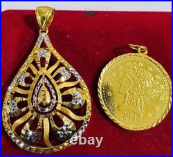 Solid 22K Solid 916 Real Gold Two tone Set (2) Teardrop/Coin Pendant 10.65g Solid 22K Solid 916 Real Gold Two tone Set (2) Teardrop/Coin Pendant 10.65g