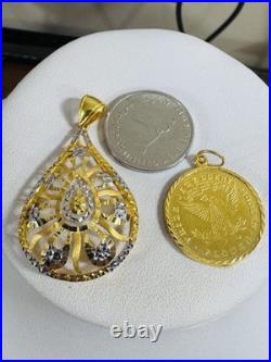 Solid 22K Solid 916 Real Gold Two tone Set (2) Teardrop/Coin Pendant 10.65g Solid 22K Solid 916 Real Gold Two tone Set (2) Teardrop/Coin Pendant 10.65g