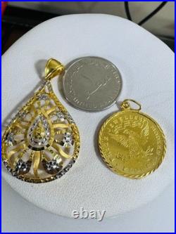 Solid 22K Solid 916 Real Gold Two tone Set (2) Teardrop/Coin Pendant 10.65g Solid 22K Solid 916 Real Gold Two tone Set (2) Teardrop/Coin Pendant 10.65g