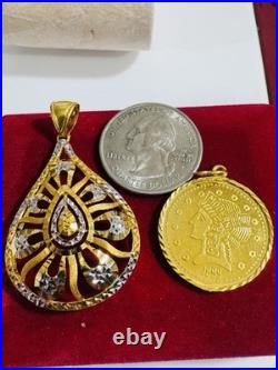 Solid 22K Solid 916 Real Gold Two tone Set (2) Teardrop/Coin Pendant 10.65g Solid 22K Solid 916 Real Gold Two tone Set (2) Teardrop/Coin Pendant 10.65g