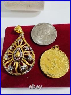 Solid 22K Solid 916 Real Gold Two tone Set (2) Teardrop/Coin Pendant 10.65g Solid 22K Solid 916 Real Gold Two tone Set (2) Teardrop/Coin Pendant 10.65g