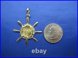 Solid 24k Gold Escudo Reproduction Pirate Coin with 14k Shipwheel Pendant New