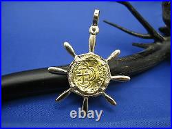 Solid 24k Gold Escudo Reproduction Pirate Coin with 14k Shipwheel Pendant New