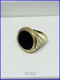 Solid Genuine 9ct Gold Black Onyx Sovereign Coin Ring Size T New