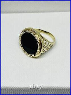 Solid Genuine 9ct Yellow Gold Black Onyx Sovereign Coin Ring Size S New