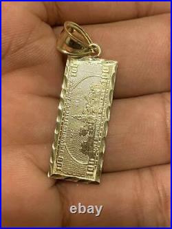 Solid Metal Men's Custom Hundred Doller Bill Pendant Yellow Gold Plated Silver