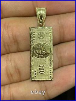 Solid Metal Men's Custom Hundred Doller Bill Pendant Yellow Gold Plated Silver