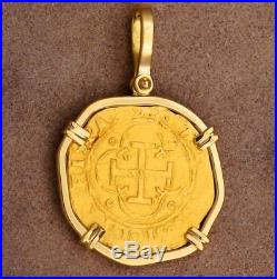 Spanish 1 Escudos Gold Cob Coin Circa 1516-1556 in Solid 18kt Gold Pendant