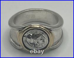 Sterling Silver & 14K Gold Ring with Roman Solider Coin Size 7.5