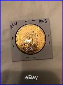 Stunning 1945 Mexico 50 Pesos Solid Gold Coin 37.5 Grams Uncirculated Rare Bu