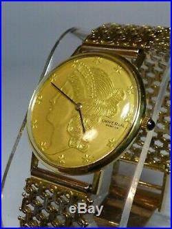 UNIVERSAL GENEVE Coin Watch 18K Yellow Gold Case Mechanical Mens Watch 7.5 Long