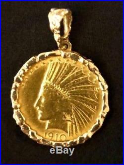 U. S. 1910-D $10 EAGLE INDIAN HEAD TEN DOLLAR GOLD COIN (14 K Gold bezel)