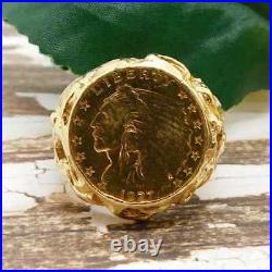 Unisex Vintage Ring Dollar Gold Indian Coin Solid Real 14K Yellow Gold