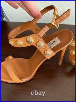 VALENTINO Gryphon Brown Gold Coin Studded Leather Sandal Heels 9.5/39.5 NEW