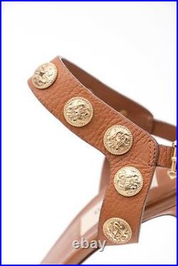 VALENTINO Gryphon Brown Gold Metal Coin VE Studded Leather Sandal Heels 9.5/39.5