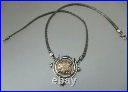 VINTAGE SOLID 14K YELLOW GOLD SUN COIN & STERLING SILVER NECKLACE 24 Grams 17.5