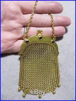 Victorian 14k Solid Gold Amethyst stone Chatelaine Mesh Coin Purse Pendant 35.2g