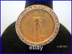 Vintage 14k Solid Gold 0.12ctw Diamond Bezel Gold Eagle Coin Ring Size 7.75