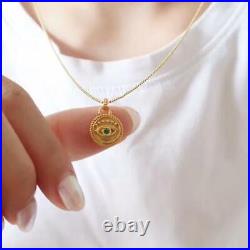 Vintage Evil Eye Emerald Women Classics Coin Pendant Solid 14K Yellow Gold Gift