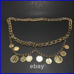 Vintage Gold Tone Dei Gratia Regina Elizabeth II British Coin Metal Swag Belt