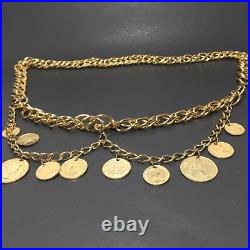 Vintage Gold Tone Dei Gratia Regina Elizabeth II British Coin Metal Swag Belt