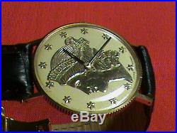 Vintage Men's 14K Solid Gold Liberty Coin Swiss Wristwatch By Lucien Piccard Cir