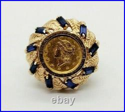 Vintage Sapphire 14k solid Gold Ring with a Real 1853 22k One Dollar Gold Coin