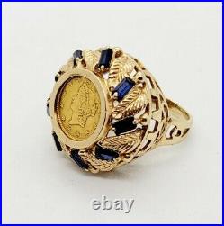 Vintage Sapphire 14k solid Gold Ring with a Real 1853 22k One Dollar Gold Coin