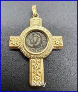 Vintage Solid 14k Gold Cross with Ancient Coin Relic Greek Anchor + Flowers