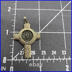 Vintage Solid 14k Gold Cross with Ancient Coin Relic Greek Anchor + Flowers