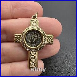 Vintage Solid 14k Gold Cross with Ancient Coin Relic Greek Anchor + Flowers