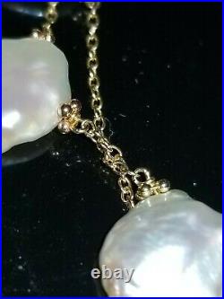 Vtg Baroque Keshi Coin Pearls W 14k 585 Solid Gold Chain Linked Bracelet 7 Rare