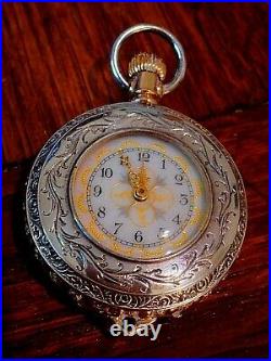 WALTHAM 1891 Sz0s 1/2 HUNTER 10K SOLID GOLD&TRI COLOR-COIN SILVER POCKET WATCH