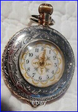 WALTHAM 1891 Sz0s 1/2 HUNTER 10K SOLID GOLD&TRI COLOR-COIN SILVER POCKET WATCH